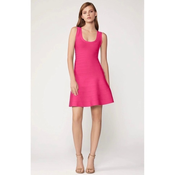 NEW HERVE LEGER PINK BANDAGE FIT AND FLARE MINI DRESS - Picture 9 of 10